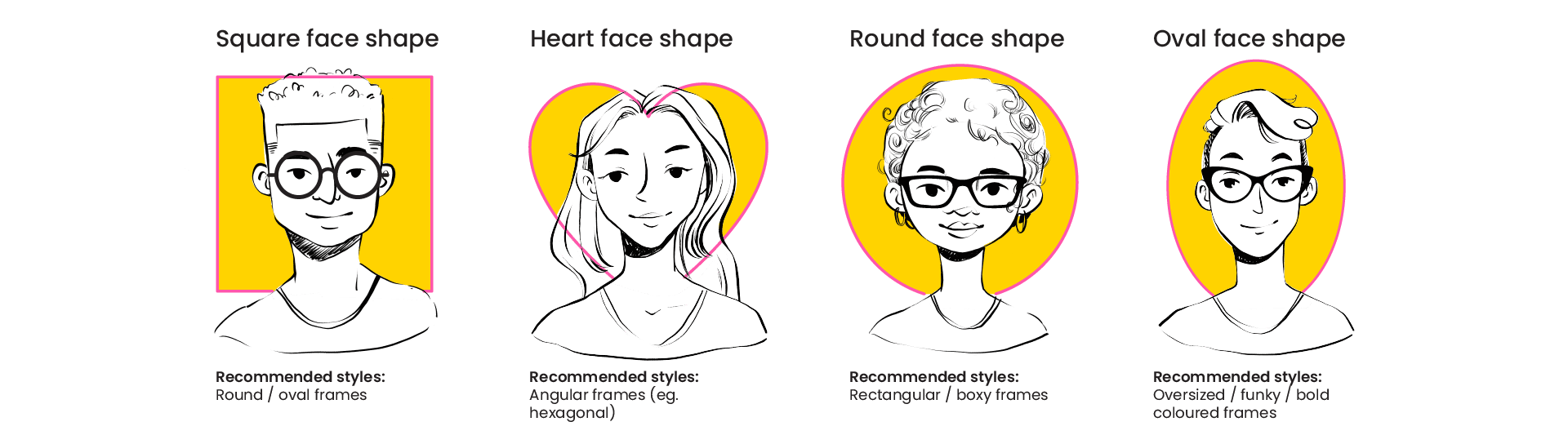Frames for square, heart, round and oval face shapes