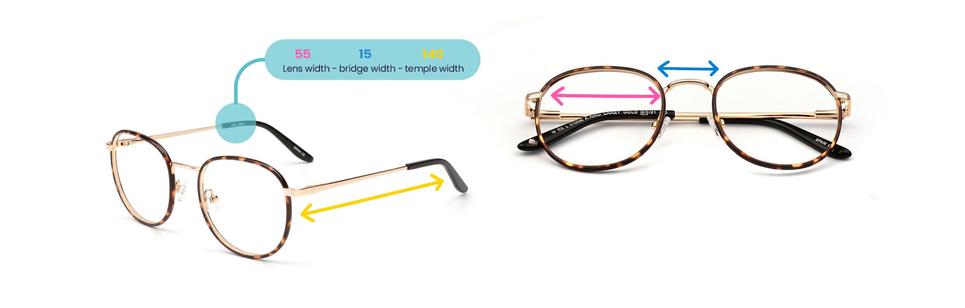 Frame dimensions: lens width, bridge width and temple width